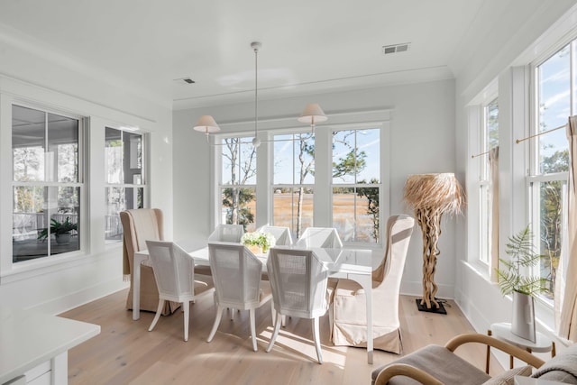 dining space featuring a wealth of natural light, ornamental molding, and light hardwood / wood-style flooring