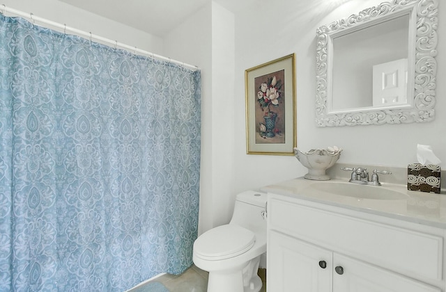 full bathroom featuring curtained shower, vanity, toilet, and tile patterned floors