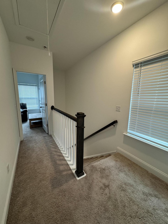 stairs with attic access, carpet flooring, and baseboards