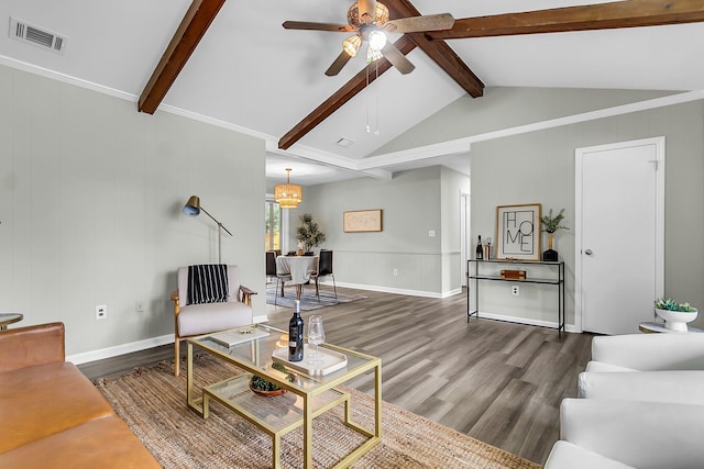 living room featuring visible vents, vaulted ceiling with beams, baseboards, ceiling fan, and wood finished floors