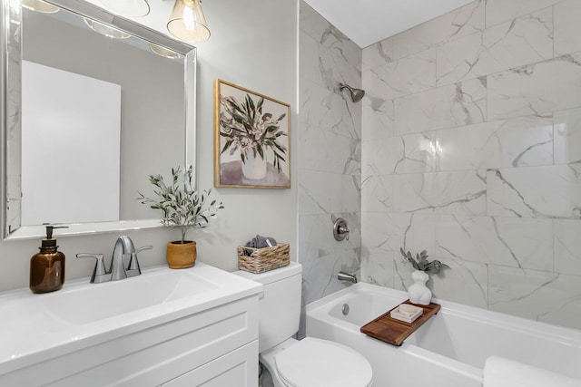 bathroom with bathing tub / shower combination, vanity, and toilet