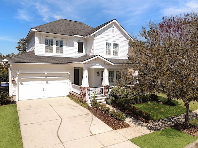 view of front facade featuring a shingled roof, a porch, concrete driveway, a front yard, and a garage