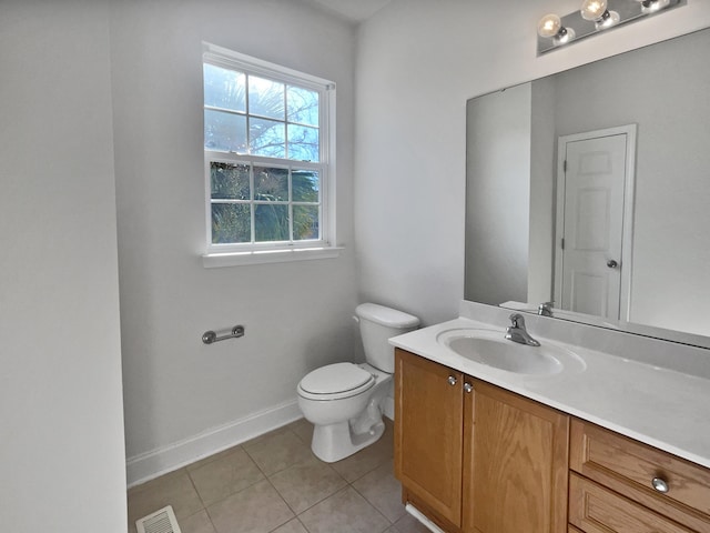 bathroom with toilet, tile patterned flooring, and vanity