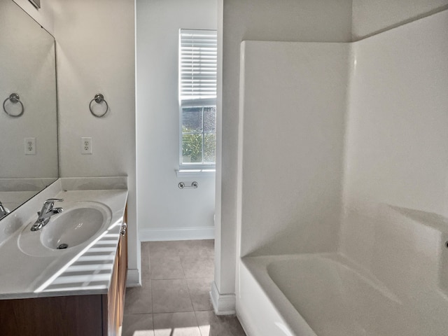 bathroom featuring  shower combination, tile patterned floors, and vanity