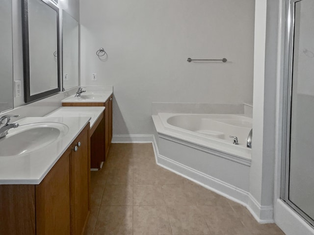 bathroom with vanity, separate shower and tub, and tile patterned flooring