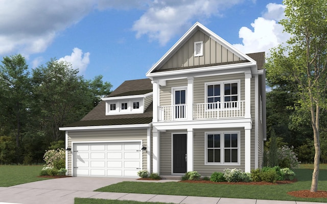 view of front of home featuring a front yard, a balcony, and a garage