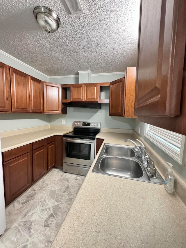 kitchen with sink, a textured ceiling, and stainless steel electric range