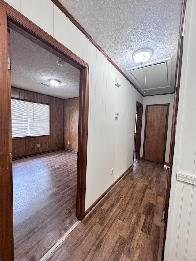 hall featuring wood walls, a textured ceiling, and wood-type flooring