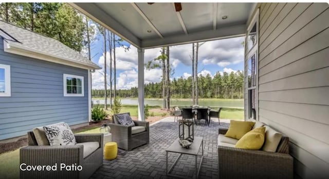 629 Marsh Cove Cir, Summerville, SC 29486 - sunroom featuring outdoor lounge area, a water view, outdoor dining space, and view of scattered trees