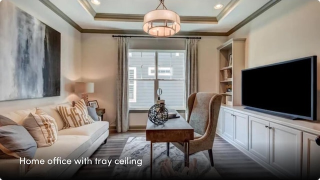629 Marsh Cove Cir, Summerville, SC 29486 - home office featuring dark wood finished floors, a tray ceiling, and crown molding