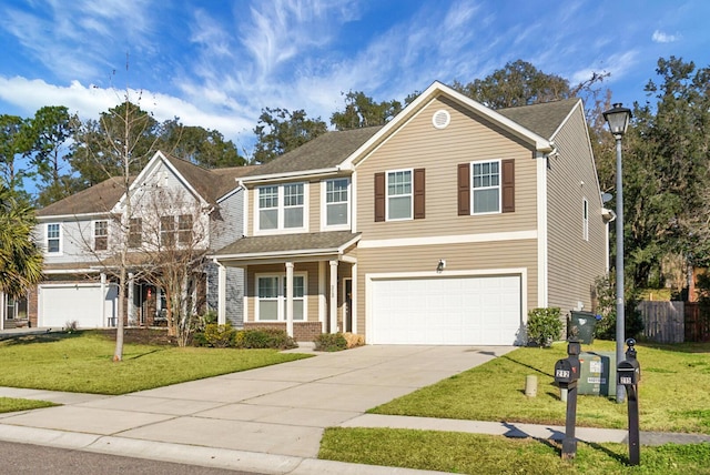 view of front of property with an attached garage, concrete driveway, and a front yard