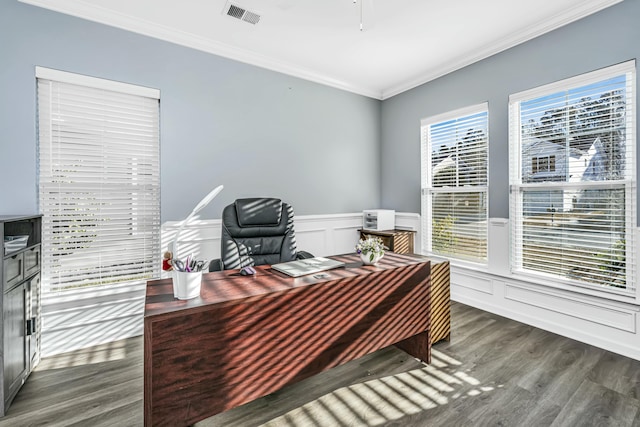 office space with crown molding and dark wood-type flooring