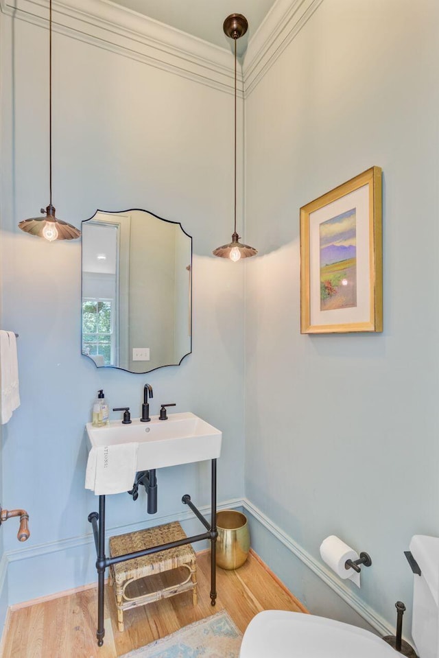 62 Eastlake Rd, Mount Pleasant, SC 29464 - half bathroom featuring wood finished floors, toilet, baseboards, ornamental molding, and a sink