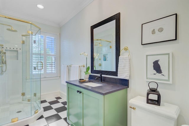62 Eastlake Rd, Mount Pleasant, SC 29464 - full bathroom featuring toilet, tile patterned floors, vanity, a shower stall, and ornamental molding