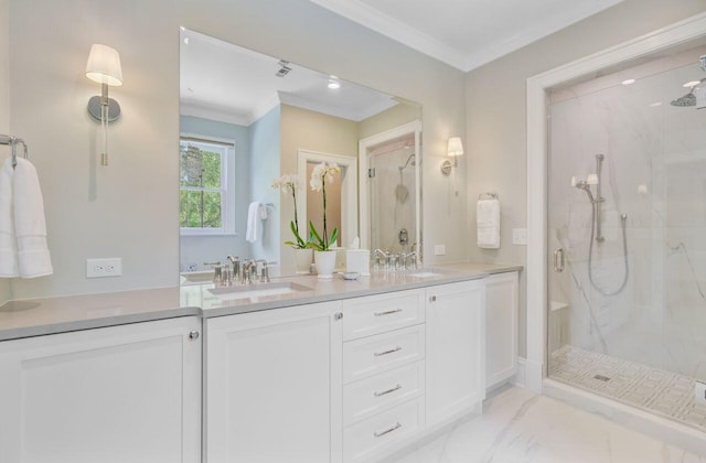 62 Eastlake Rd, Mount Pleasant, SC 29464 - full bathroom featuring a marble finish shower, double vanity, ornamental molding, and marble finish floors