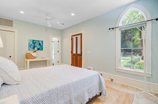62 Eastlake Rd, Mount Pleasant, SC 29464 - bedroom featuring light tile patterned floors, a closet, recessed lighting, baseboards, and a ceiling fan