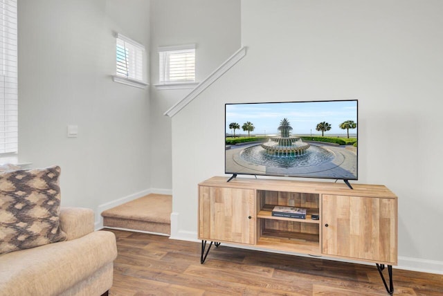 living area with baseboards and wood finished floors