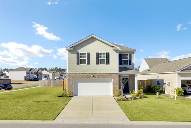 view of front of property with brick siding, concrete driveway, a front lawn, and fence