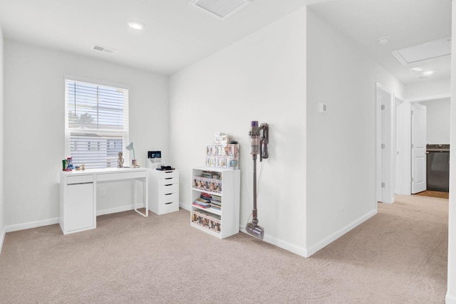 interior space featuring visible vents, light carpet, and baseboards