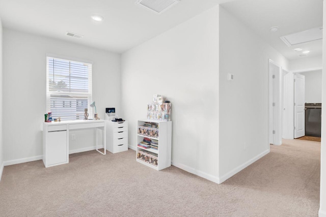 home office featuring visible vents, light carpet, and baseboards