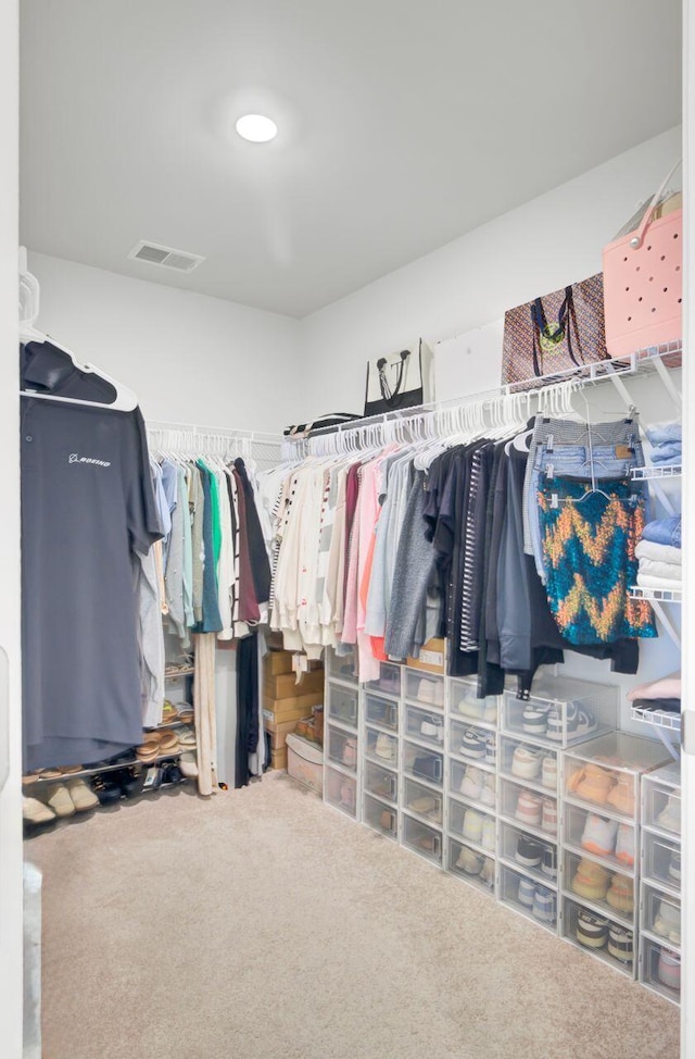 walk in closet featuring visible vents and carpet floors