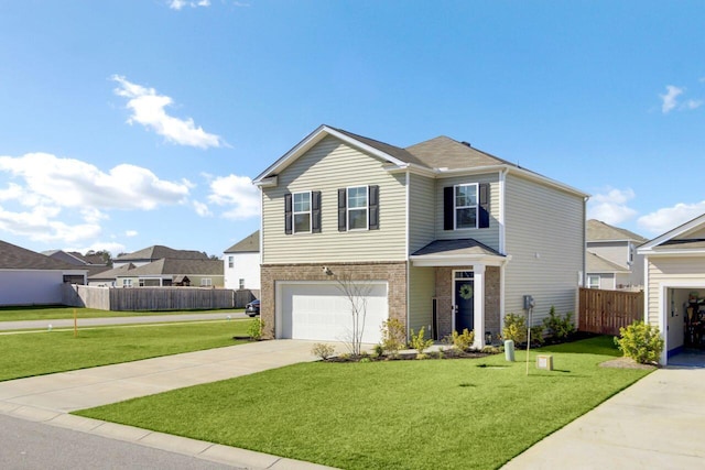 traditional home with a front yard, fence, concrete driveway, a garage, and brick siding