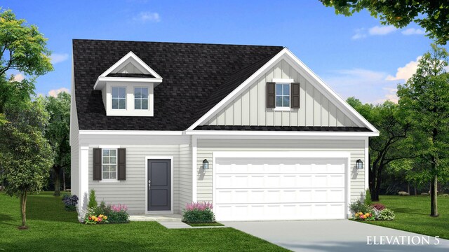 458 Cadbury Loop, Summerville, SC 29486 - view of front facade featuring driveway, an attached garage, a shingled roof, a front lawn, and board and batten siding