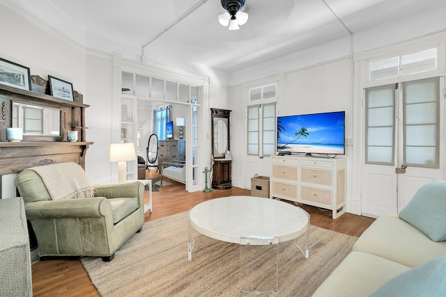 living room featuring ceiling fan and wood finished floors