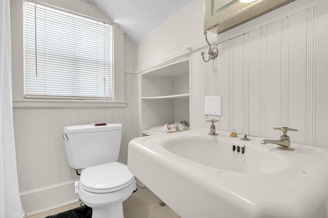 bathroom with a sink, vaulted ceiling, and toilet