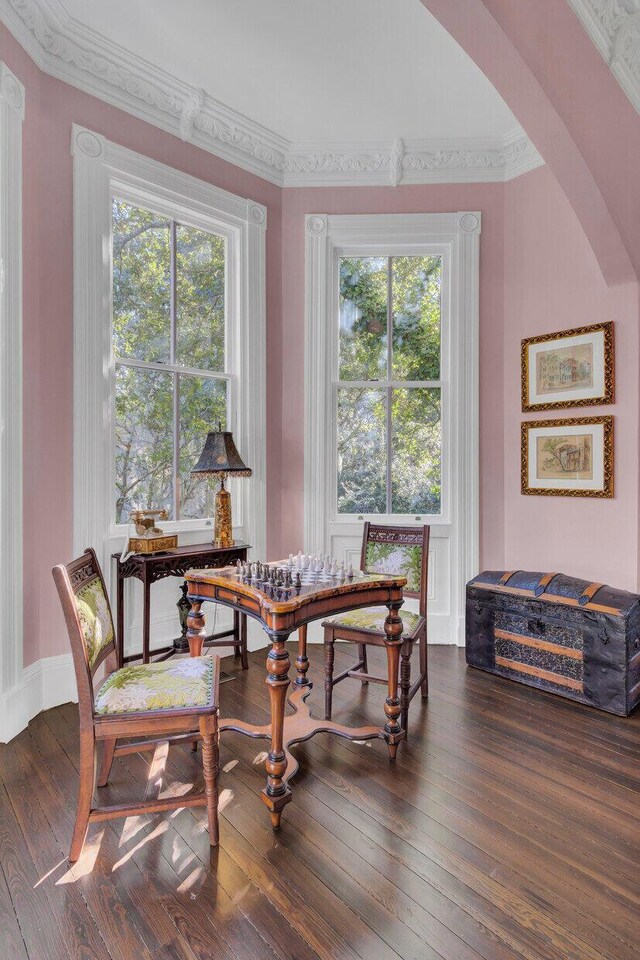 living area with dark hardwood / wood-style flooring, ornamental molding, and a wealth of natural light