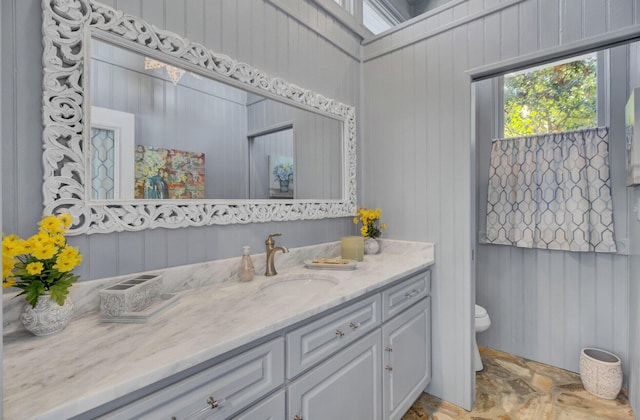 bathroom with wood walls, vanity, and toilet