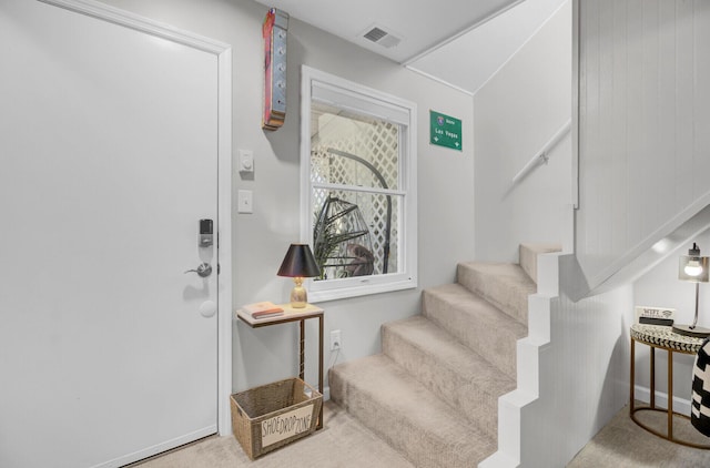 stairs featuring carpet flooring