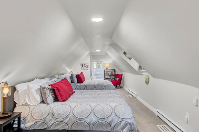 bedroom featuring light colored carpet, a baseboard radiator, and vaulted ceiling