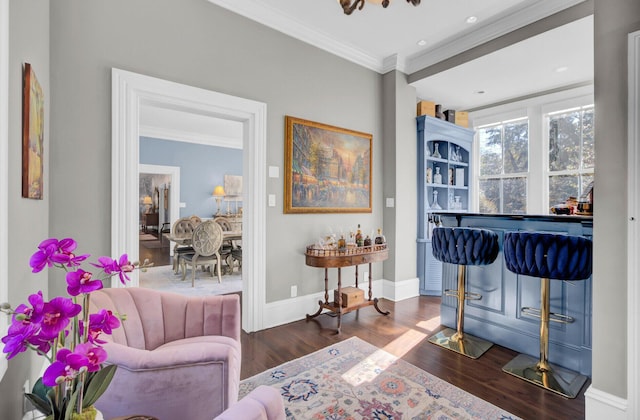 sitting room with crown molding, dark wood-type flooring, and bar