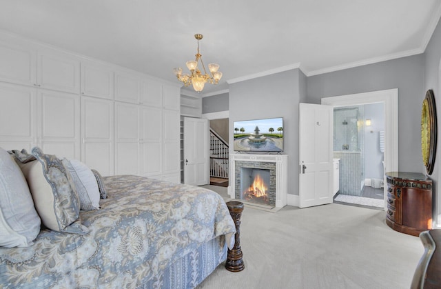 bedroom with light carpet, an inviting chandelier, ornamental molding, and a stone fireplace