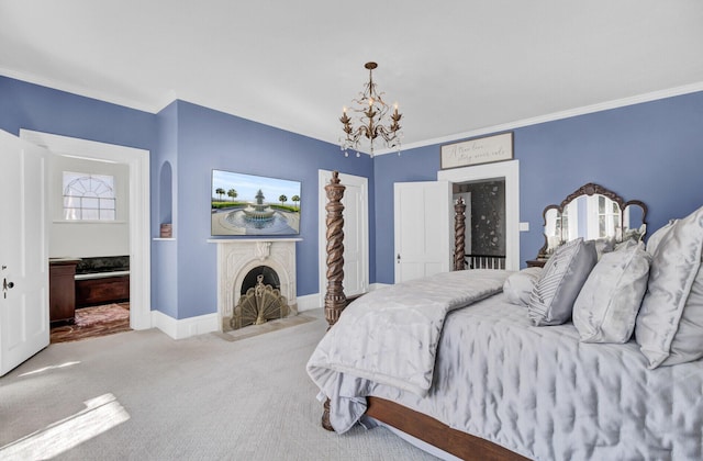 bedroom featuring multiple windows, crown molding, light carpet, and a notable chandelier