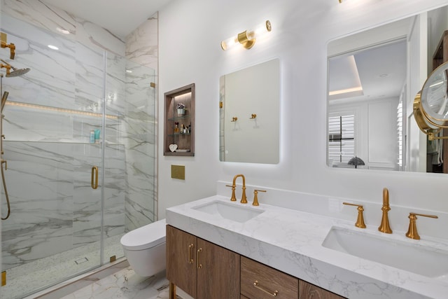 full bath with a marble finish shower, marble finish floor, a sink, and toilet