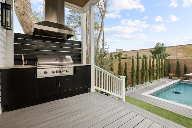 deck with an outdoor kitchen, a fenced in pool, a fenced backyard, grilling area, and a sink