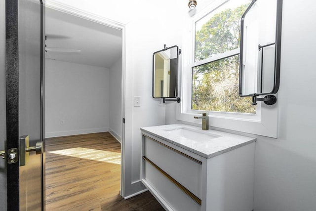 bathroom featuring baseboards, wood finished floors, and vanity