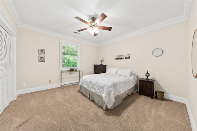 6840 Early Jersey Rd, Meggett, SC 29449 - carpeted bedroom with ornamental molding, baseboards, a closet, and a ceiling fan