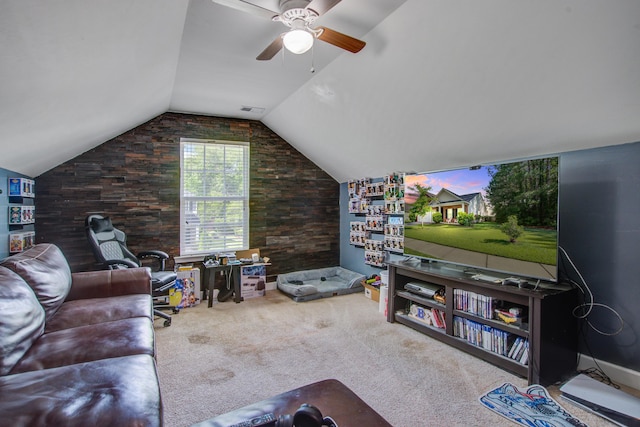 3639 Pimmit Pl, Ladson, SC 29456 - living area with a ceiling fan, lofted ceiling, carpet flooring, and wooden walls