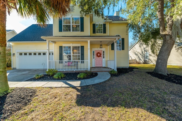 view of front of home featuring a garage and a porch