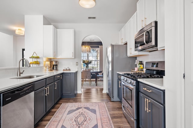 kitchen with sink, white cabinetry, appliances with stainless steel finishes, dark hardwood / wood-style floors, and gray cabinets