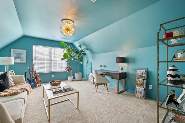 interior space featuring vaulted ceiling and carpet flooring