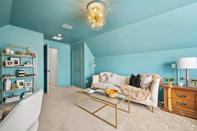 carpeted living room featuring lofted ceiling and a chandelier