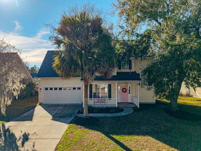 view of front of property with a porch, a garage, and a front yard