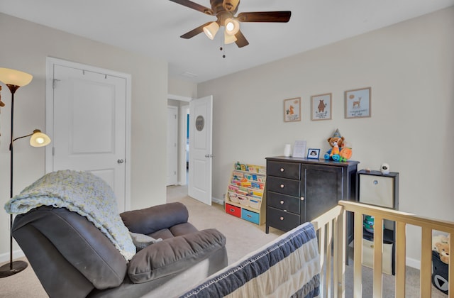 bedroom featuring carpet flooring and ceiling fan