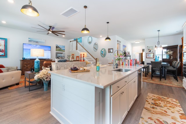 397 Woodgate Way, Summerville, SC 29485 - kitchen with ceiling fan, wood finished floors, open floor plan, and a sink