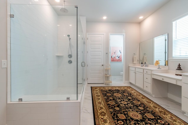 397 Woodgate Way, Summerville, SC 29485 - bathroom featuring a stall shower, recessed lighting, toilet, marble finish floor, and vanity
