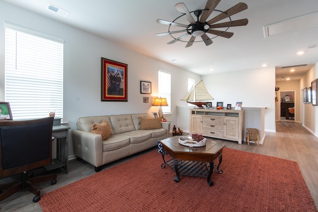 397 Woodgate Way, Summerville, SC 29485 - living area featuring baseboards, wood finished floors, a ceiling fan, and visible vents